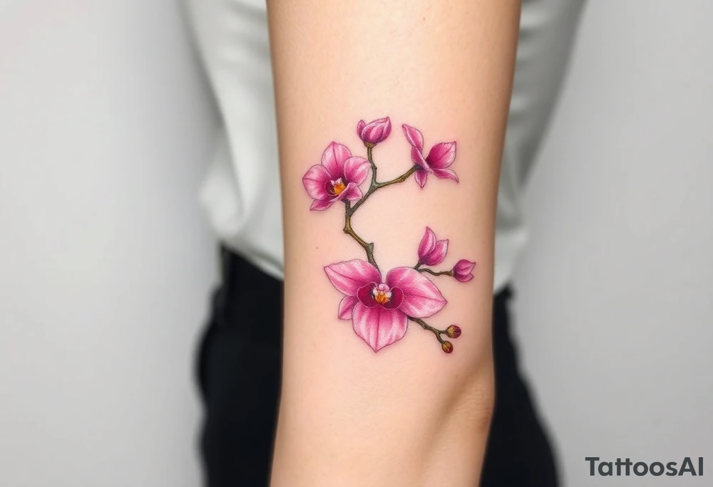 A delicate pink orchid branch, wrapped around the wrist like a bracelet, with soft watercolor shading tattoo idea
