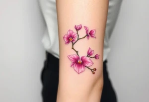 A delicate pink orchid branch, wrapped around the wrist like a bracelet, with soft watercolor shading tattoo idea