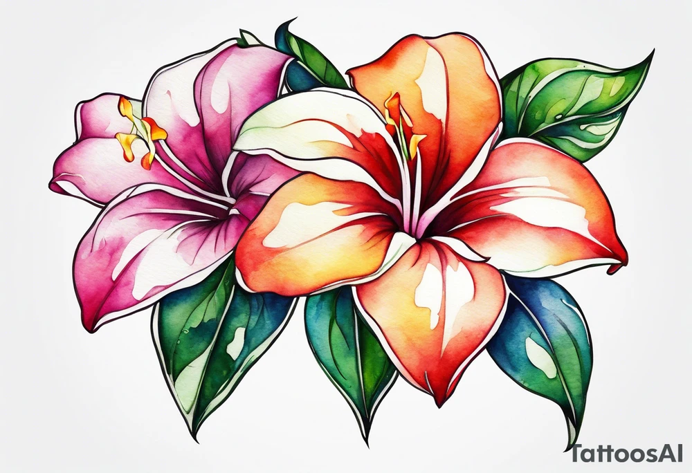 white background, abstract mandevilla flowers on a vine, part of it watercolor, part of it just line work tattoo idea