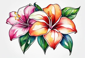white background, abstract mandevilla flowers on a vine, part of it watercolor, part of it just line work tattoo idea