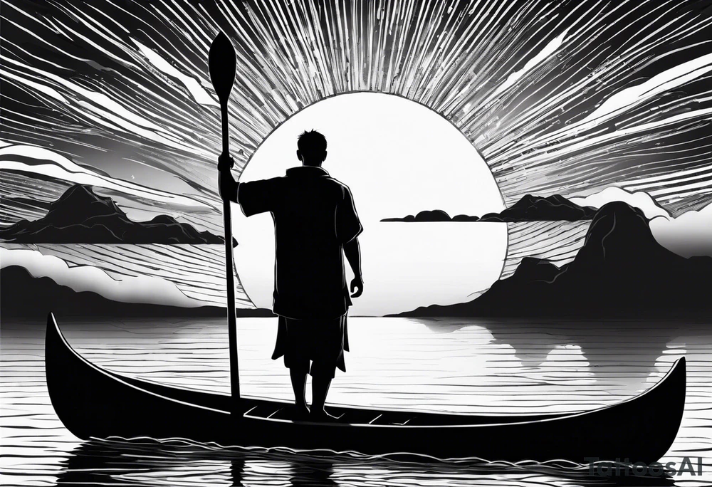 pictured from behind, average sized silhouette man with arms fully extended straight out to the side at chest level, standing on top of modestly sized canoe on the water with a sun above his head. tattoo idea