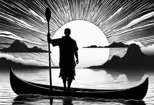 pictured from behind, average sized silhouette man with arms fully extended straight out to the side at chest level, standing on top of modestly sized canoe on the water with a sun above his head. tattoo idea