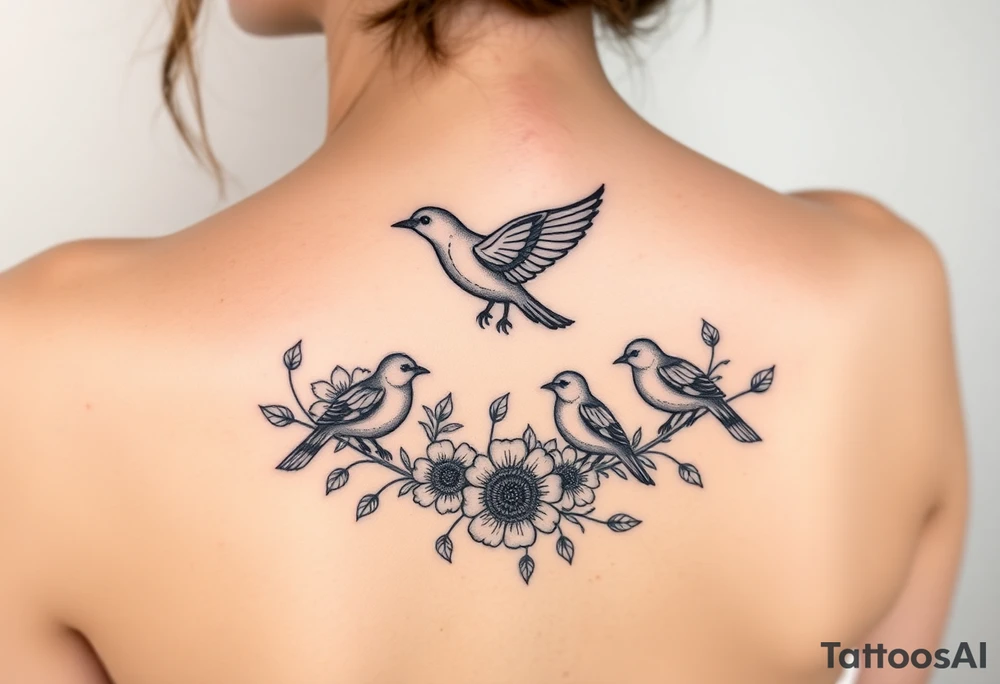 Mom bird and three baby birds with flowers tattoo idea