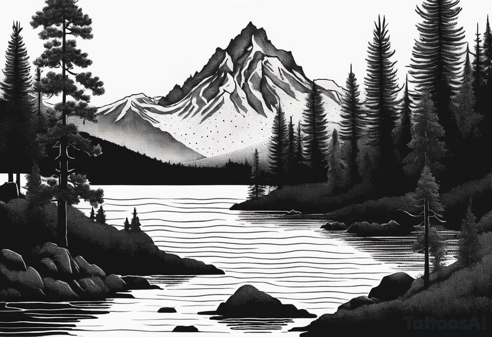 A snow capped mountain with pine trees and a river, the pine trees start to blend into palm trees, and the river becomes an ocean tattoo idea