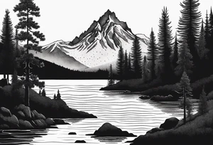 A snow capped mountain with pine trees and a river, the pine trees start to blend into palm trees, and the river becomes an ocean tattoo idea