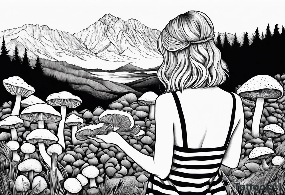 Straight blonde hair girl holding oyster mushrooms in hand facing away toward mountains surrounded by mushrooms black and white striped dress tattoo idea