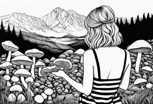 Straight blonde hair girl holding oyster mushrooms in hand facing away toward mountains surrounded by mushrooms black and white striped dress tattoo idea