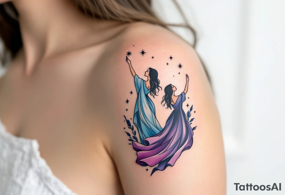Zorya Sisters – Twin female figures in flowing sky-blue and deep purple dresses, one raising the sun, the other lowering the stars against a twilight backdrop. tattoo idea