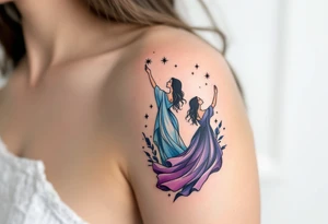 Zorya Sisters – Twin female figures in flowing sky-blue and deep purple dresses, one raising the sun, the other lowering the stars against a twilight backdrop. tattoo idea