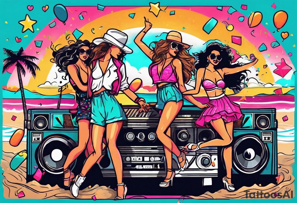 1980's style dance party with boom box and confetti in a beach theme. include people in 80's miami beach clothes, music note. tattoo idea