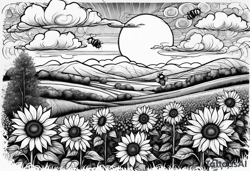 dream like sunflower meadow with distant hills and sunset. two large fuzzy bumble bees occupy the sky with beautiful clouds tattoo idea