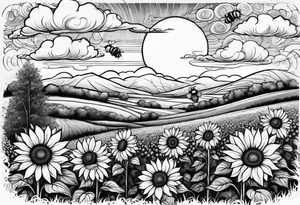 dream like sunflower meadow with distant hills and sunset. two large fuzzy bumble bees occupy the sky with beautiful clouds tattoo idea