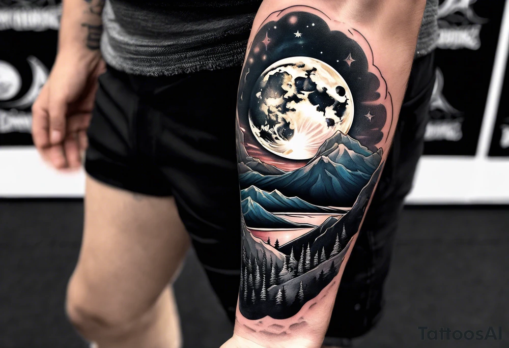 Mountain to moon inspired arm sleeve with a man sitting alone on the moon tattoo idea