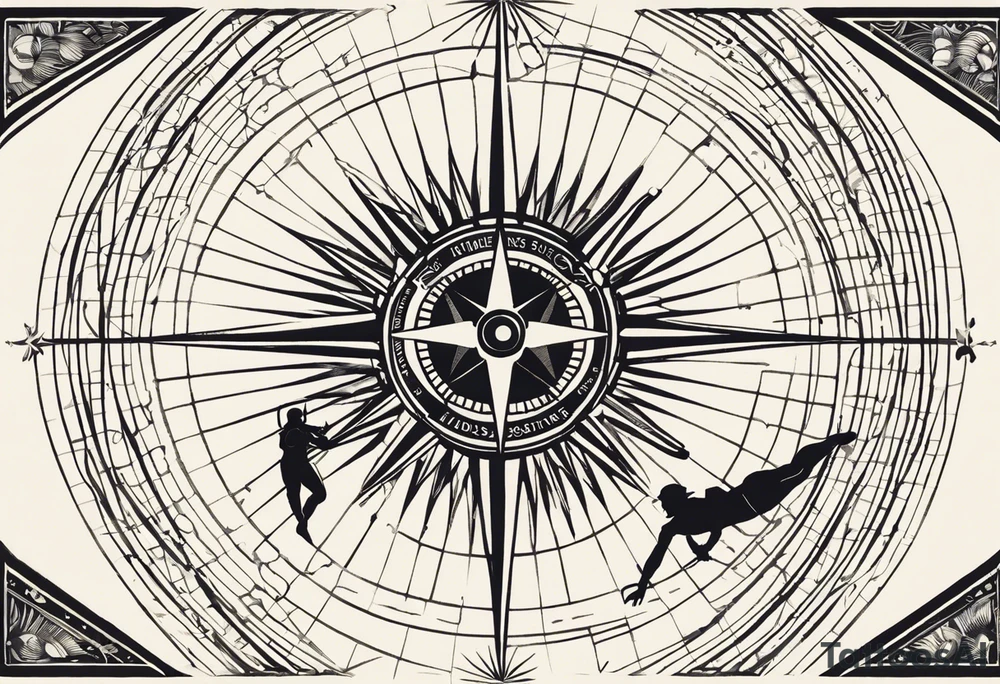 Compass Rose: Positioned on the shoulder with long straight lines radiating outward in all directions.
Lines: Transform into latitude and longitude lines further down the arm, creating a detailed backdrop.
Diver: In the foreground, a diver facing forward, with hands out as if holding a ball.
Silhouette: Instead of a ball, a small scuba diver's silhouette swimming upward between the diver's hands. tattoo idea