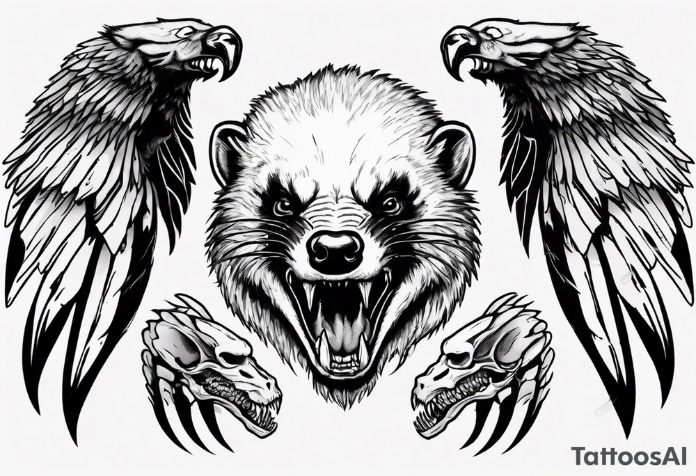 Angry, snarling, detailed forward-facing honey badger against the background of large wings made of bones tattoo idea