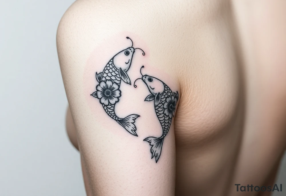 Two small koi fish wrap around wrist tattoo with flowers and butterfly on the wrist fine line tattoo idea
