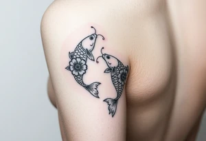 Two small koi fish wrap around wrist tattoo with flowers and butterfly on the wrist fine line tattoo idea