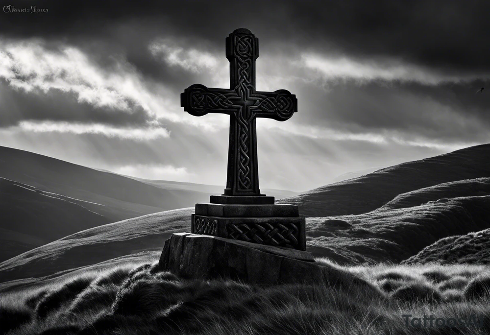 A monochromatic scene of a stone Celtic cross standing tall against a windswept hill. The intricate designs etched into the cross are starkly contrasted against its weathered, black surface. At the arm of the cross, a large raven perches elegantly, its ebony feathers seemingly absorbing the light. The bird's piercing eyes are fixed on something beyond the viewer's sight, lending an air of mystery to the already enigmatic monument. The surrounding landscape is desolate and barren, with the occasional tuft of brown grass struggling to survive the harsh elements. A veil of fog hovers just above the ground, adding to the eerie atmosphere and further isolating the cross from the world around it. The image evokes a sense of timelessness and the enduring strength of Celtic heritage, even in the face of the relentless march of time. tattoo idea
