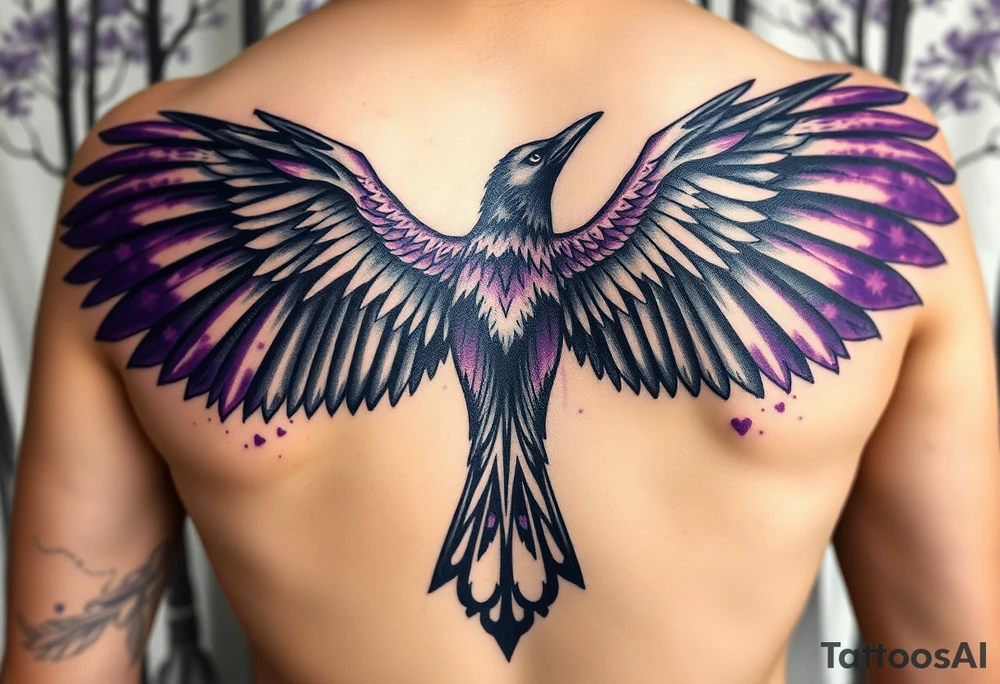 sleeve for ladies with a raven with open wings up, in a misty forest, purple shade watercolors coming from the wings, ethereal and vivid, Celtic/Viking symbols or marks with cursive romantic words tattoo idea