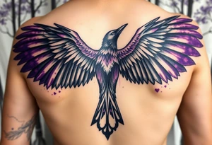 sleeve for ladies with a raven with open wings up, in a misty forest, purple shade watercolors coming from the wings, ethereal and vivid, Celtic/Viking symbols or marks with cursive romantic words tattoo idea