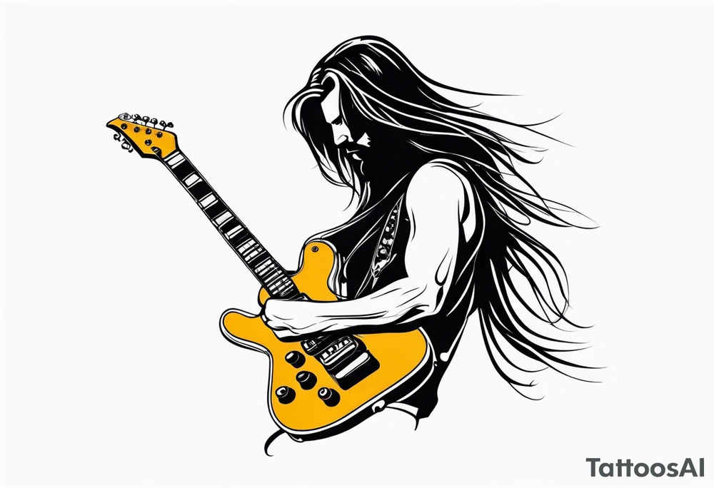 long hair rock star playing electric guitar tattoo idea