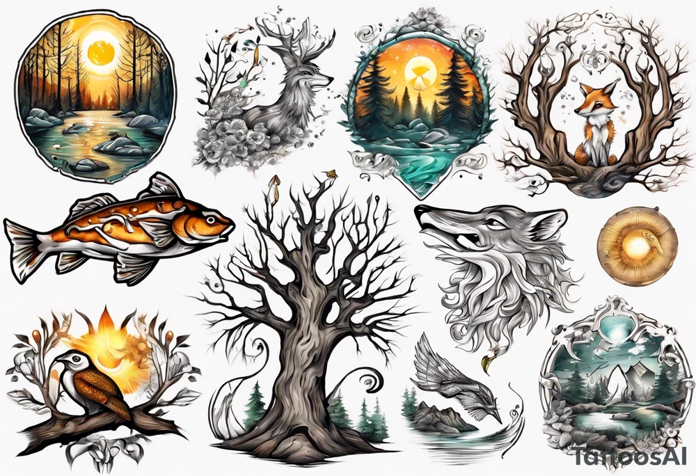 sonne, eule  wald, fuchs 
baum, sapere aude, Wasser, fisch tattoo idea