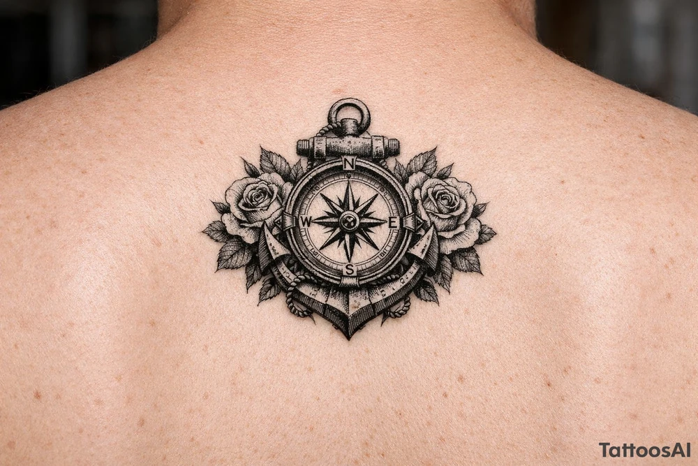 a compass,anchor,roses. tattoo idea