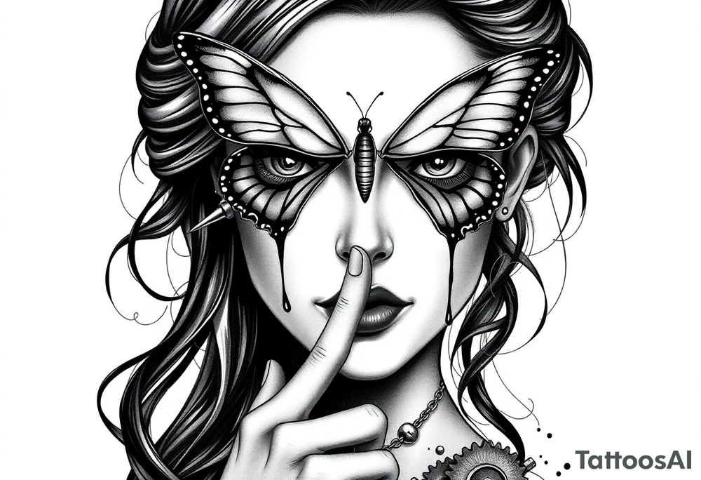Black and grey realism tattoo design of a beautiful woman's face. And a butterfly landing g on her on the upper bridge of her nose so that the lower wings of the butterfly is covering both her eyes  the butterflys right lower wing is covering her right eye and the lower left of the butterfly wing is covering her left eye  (see no evil), with her left index finger is at her lips is shhh dont speak position (speak no evil). Her ears are dripping blood that is steaming down her neck and cheek. The style is black and grey realism, hyper-realistic, dark, and evil. Incorporate ninja gear elements and mechanical details (gears) subtly into the background or clothing for a gear ninja evil look. Design for a full forearm sleeve placement tattoo idea