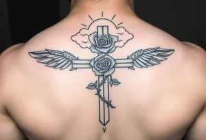A very detailed cross with thorns vines from a rose with a halo above it and clouds around it and possibly wings on the sides or no wings in the sides but is a very detailed tattoo tattoo idea