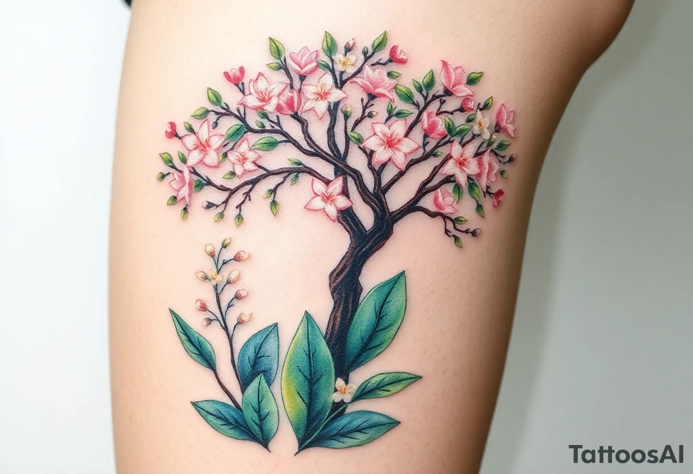 Lilly of the vally plants underneath a blooming hawthorn tree tattoo idea