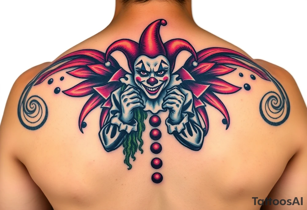 jester clown standing behind partner holding cheeks up to smile tattoo idea