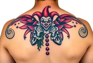 jester clown standing behind partner holding cheeks up to smile tattoo idea