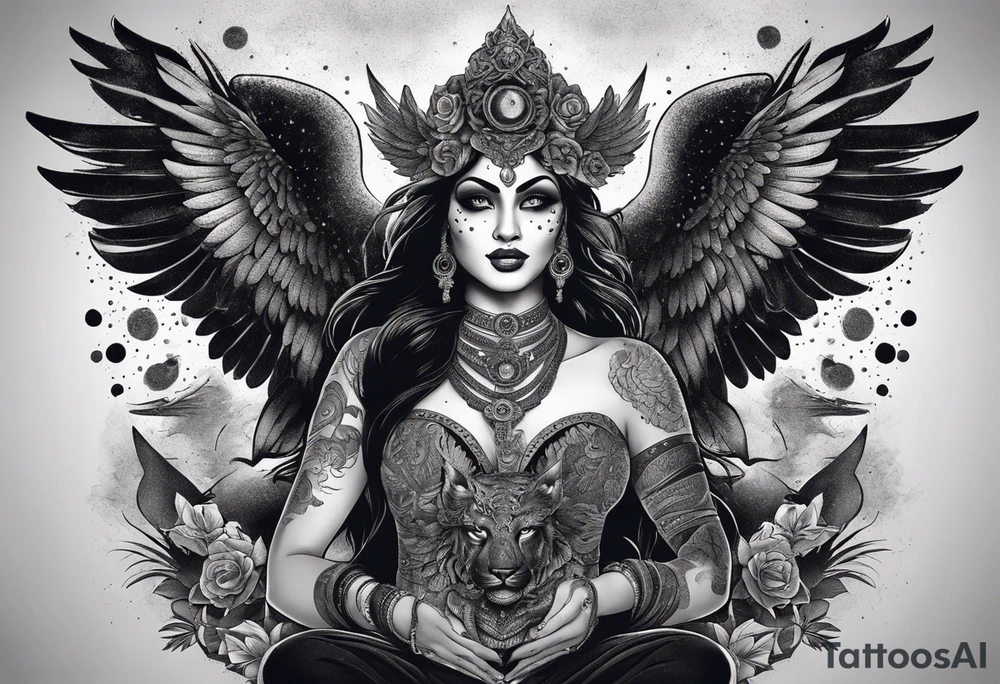 black kali, goddess pirate, alien, angel, pachamama, valkrye, warrior, flying, skull, lotus azul, wing, eagle, zenza resonance, stars, 5D, anahata chakra, death, durga, riding on a tiger, flying lady, kundalini, chest tatoo, samuri, rebel,s erpent tattoo idea