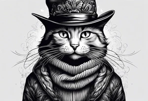 Black cat with funny hat and sweater tattoo idea