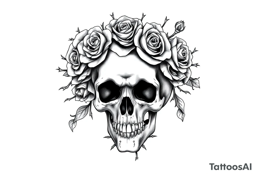 ornate skull adorned with crown of wild roses and thorns tattoo idea