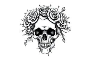 ornate skull adorned with crown of wild roses and thorns tattoo idea