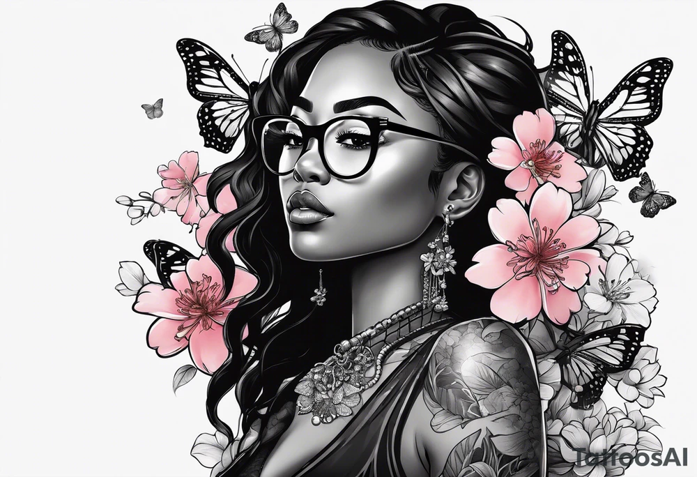 Black dark-skinned Female with glasses with butterflies and sakura blossoms around her with the lettering " Nisha " Underneath. tattoo idea