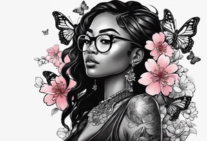 Black dark-skinned Female with glasses with butterflies and sakura blossoms around her with the lettering " Nisha " Underneath. tattoo idea