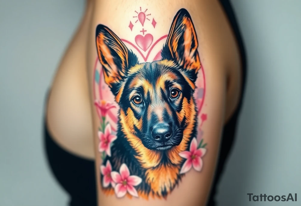 realistic german shepherd with alert ears looking protective with pink lilies in front of a sacred heart tattoo idea