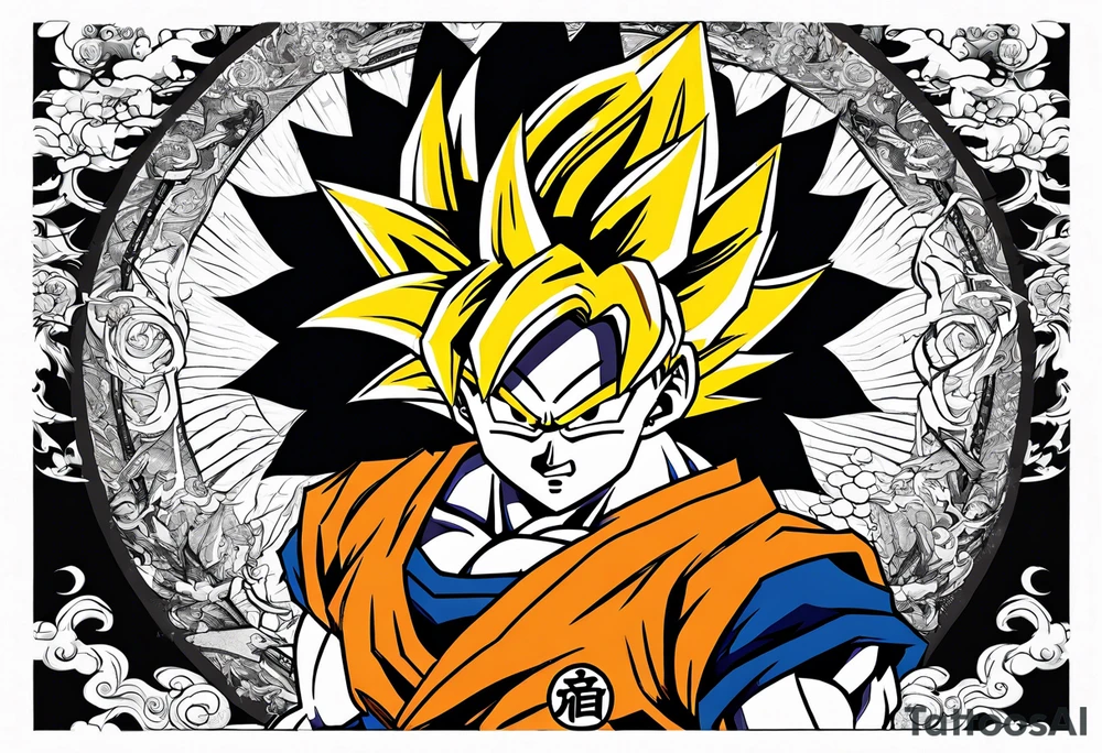 Son-Goku as a super saiyajin . A huge dragonball surrounds the whole scenery. Gokus friends are surrounding him as shadows tattoo idea