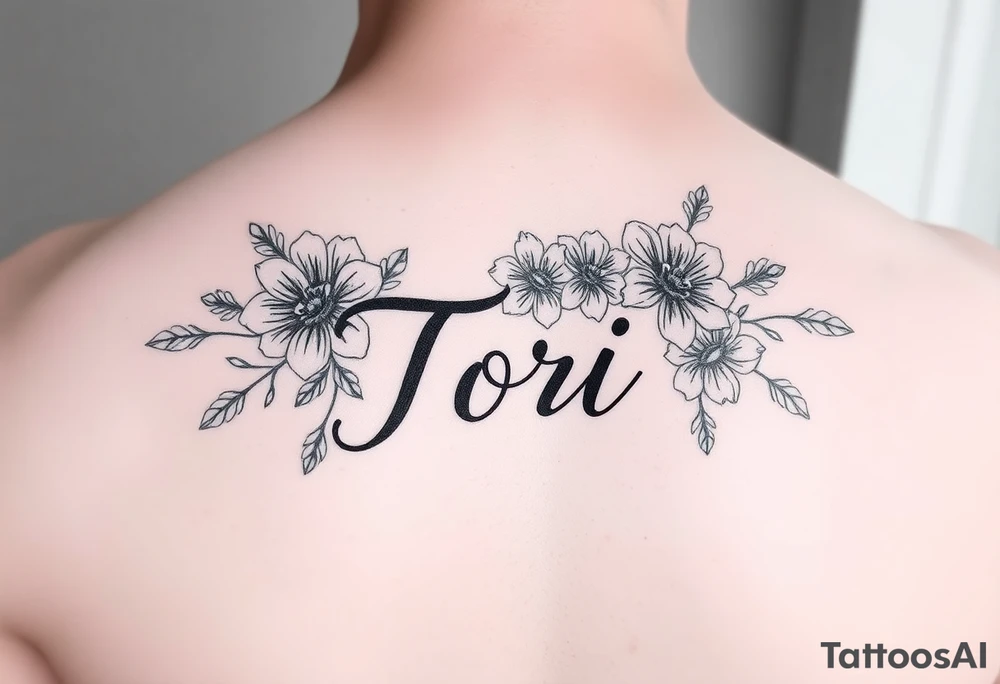 Name Tori with flowers hand tattoo idea
