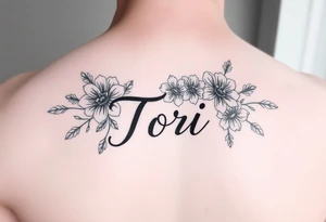 Name Tori with flowers hand tattoo idea