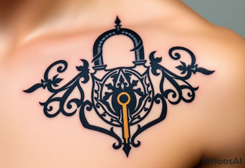 A sleek black iron lock with a golden key, with intricate scrollwork wrapping around its edges, symbolizing strength and devotion tattoo idea