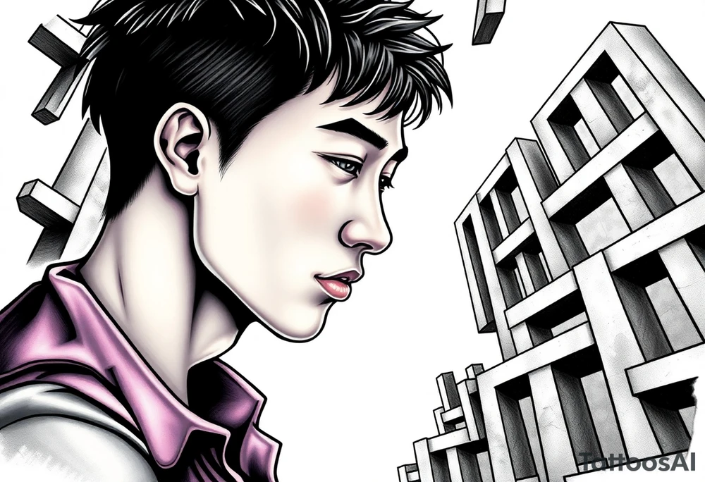 Handsome Asian young guy lost in labyrinth tattoo idea