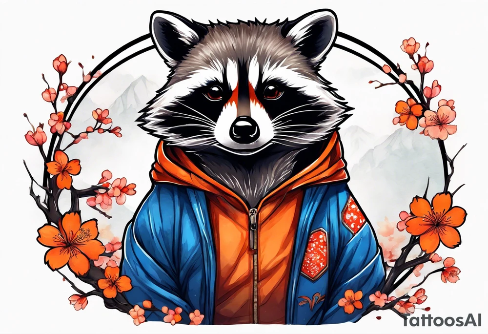 raccoon wearing a Superman hoodie with orange Japanese cherry blossoms tattoo idea