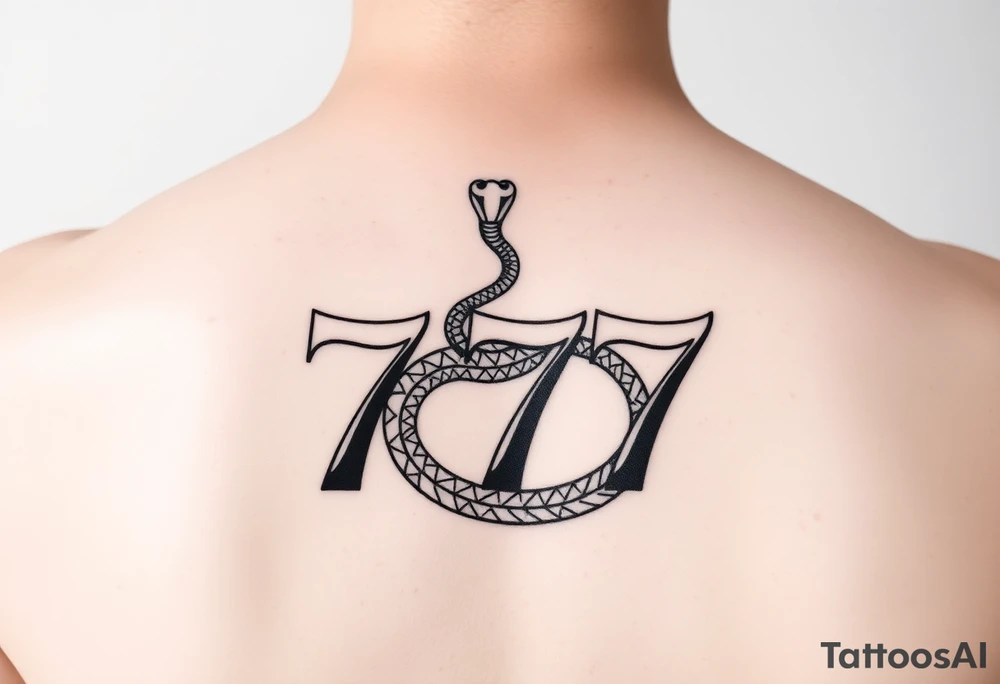 Minimalist black ink tattoo design of a small snake coiled around the number 777. tattoo idea