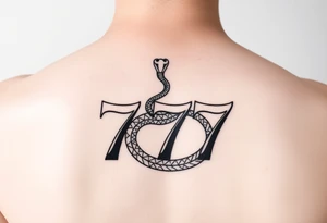 Minimalist black ink tattoo design of a small snake coiled around the number 777. tattoo idea