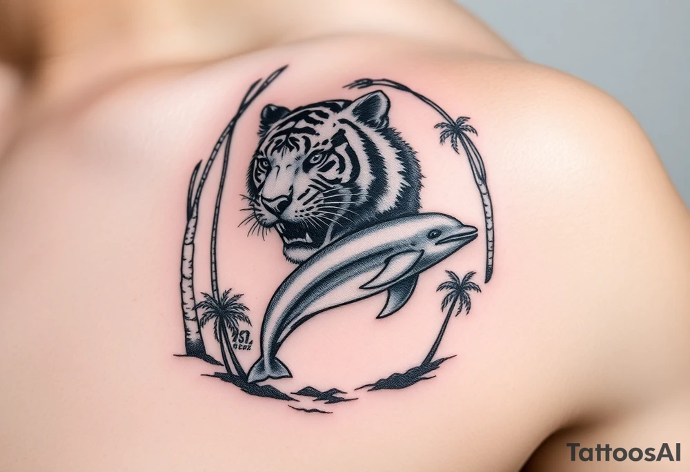 fierce tiger emerging through the trees with a jumping dolphin and palm trees underneath it tattoo idea
