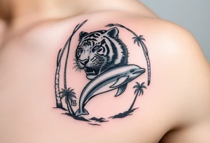 fierce tiger emerging through the trees with a jumping dolphin and palm trees underneath it tattoo idea