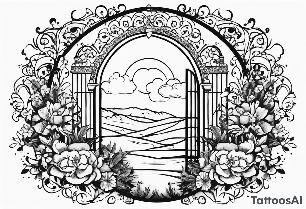 Arabian town garden gate entrance circle vignette surrounded clouds floral tattoo idea